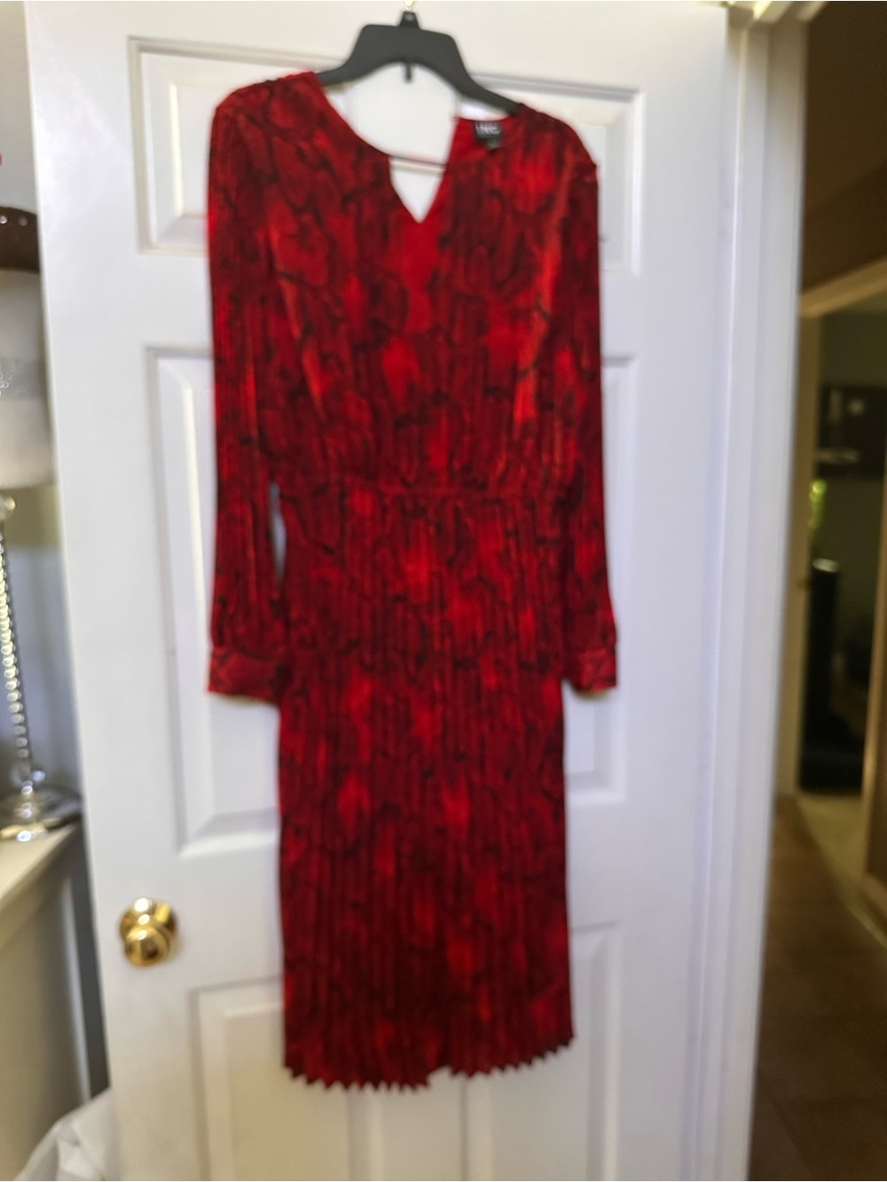 INC International Concepts Vibrant Red Long-Sleeve V-Neck Pleated Midi Dress
